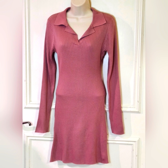 LOVE TREE Pink Mauve Ribbed, Collared Long Sleeve Dress, Size Large - Picture 9 of 16